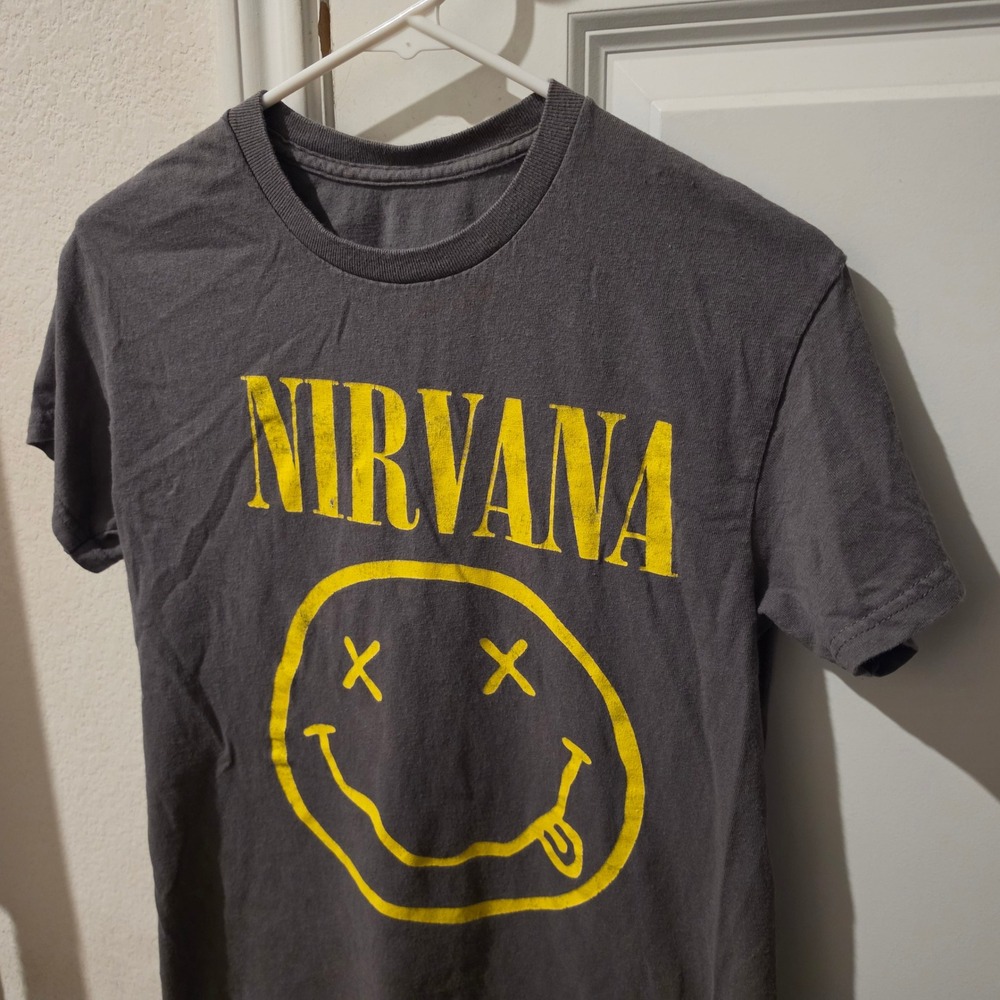 Nirvana Smiley Face Graphic Band Tee Charcoal Gray Yellow Short Sleeve Shirt